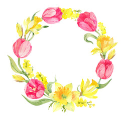 Spring wreath with tulips, daffodils, mimosa. Card template. Hand drawn watercolor illustration. Isolated on white background
