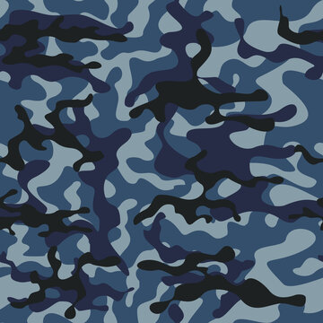 
Dark blue camouflage background seamless vector. Black spots.