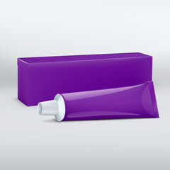 Realistic long purple cardboard box and tube mockup for toothpaste, cosmetics, cream. Packaging collection. Violet Box and tube Design Template You can paint in any color.