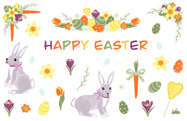 Set of cute easter illustrations and compositions with bunny, painted eggs and spring flowers
