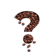Question punctuation mark of coffee beans and cut paper isolated on white background