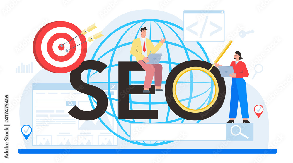 Poster seo typographic header. idea of search engine optimization