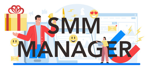 SMM manager typographic header. Social media marketing, advertising of business