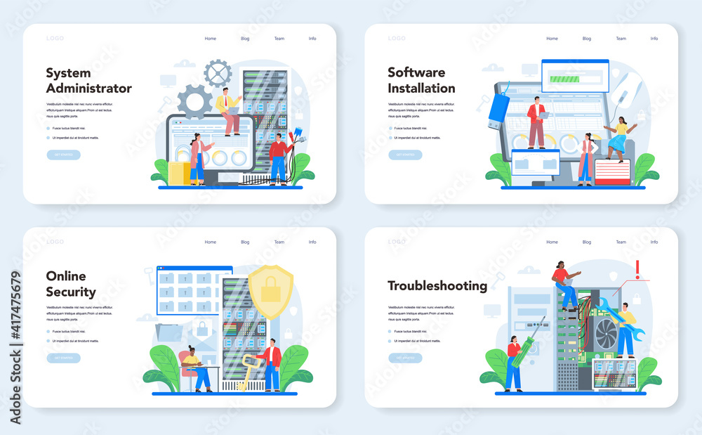 Poster system administrator web banner or landing page set. technical work with server