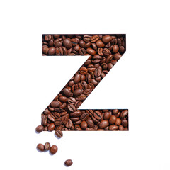 Letter Z of English alphabet made of coffee beans and paper cut isolated on white. Typeface for store