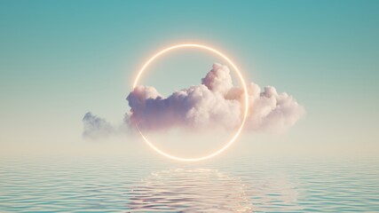 3d render, abstract geometric background, white cloud and glowing neon round frame. Illuminated cumulus. Minimal futuristic seascape with reflection in the water - obrazy, fototapety, plakaty