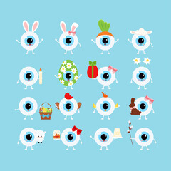 Easter cute eye ball icon set. Ophthalmology eyeball character: cake, bunny ears, willow, curd easter basket, candle, egg, hen, chicken costume. Flat cartoon vector vision clip art illustration.