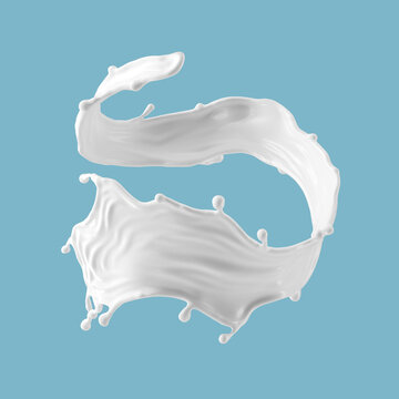 3d render, milk splash isolated on blue background. White paint splashing. Liquid wave clip art.
