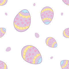 Seamless texture with easter eggs decorated in pastel colors purple, yellow, pink and blue