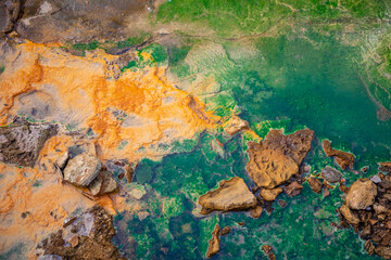 Tepla river bed with colorful minerals deposited by hot water spring in Karlovy Vary, Czech Republic