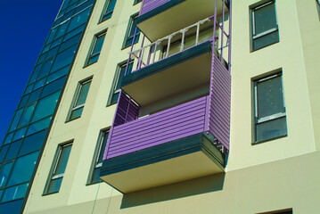 RIGA, LATVIA-January 27, 2021: modern apartment building with purple balconies