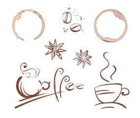 Set of coffee cup, seeds and splash vector icons and lettering isolated on white background. Hand drawn doodles for coffee to go cafe menu decoration