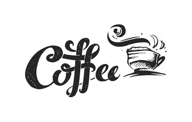 Coffee time. Vector poster design with lettering and hand drawn coffee cup sketch. Cappuchino or espresso morning beverages doodle