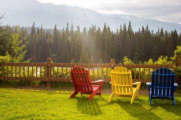 chairs in the park Canada and mountains over the horizon 