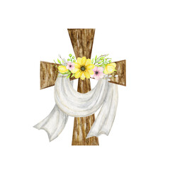 Wooden Christian Cross with flowers. Catholic Church floral cross isolated on white background. Religion symbol