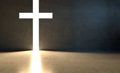 Naklejka premium holy light cross and dark room billboard banner template mockup with place for text and logo