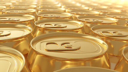 Lot of gold color aluminum cans in the factory on the production line. Beer cans, energy and carbonated drinks, soda
