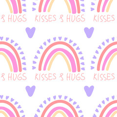 Seamless pattern pastel rainbow with words hugs and kisses.  Vector graphic illustration, Design elements for Valentine's day.Vector illustration. Wallpaper, flyers, invitation, posters, brochure, 