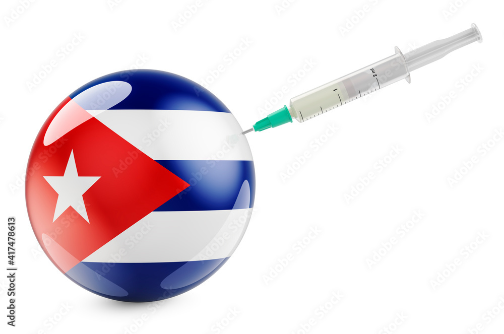 Poster syringe with cuban flag. vaccination in cuba concept, 3d rendering