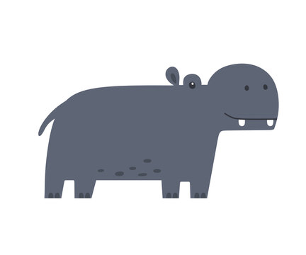 Cute and friendly hippo, hand-drawn character. Great for kids print. Vector in cartoon style.