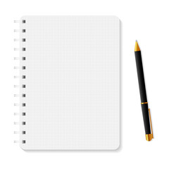 Notebook and pen isolated on white background. Realistic vector image.