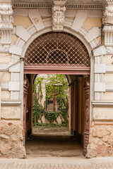 Fototapeta na wymiar An old gate with a corridor leading to the courtyard of the house