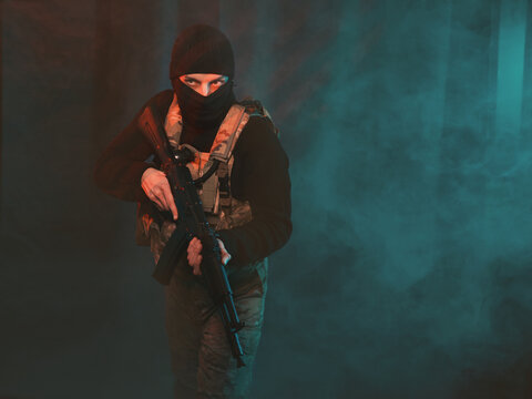 Special forces soldier on a background of smoke