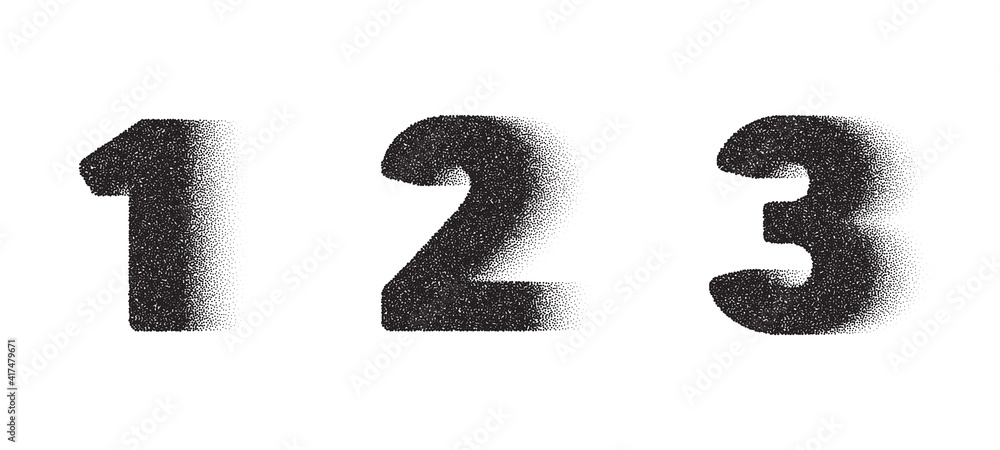Poster 1th, 2nd and 3rd dotwork number. 123 noise stipple dots digits. sand grain effect. black dots grunge