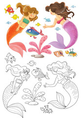 Fototapeta na wymiar The little mermaid. Fairy tale. Coloring page. Coloring book. Illustration for children. Cute and funny cartoon characters