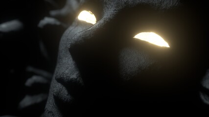 Antique stone female head sculpture isolated on black background. Ancient sculpture of the goddess Medusa. Open glowing eyes, light up with a bright light. Close-up, depth of field. 3d render © MIKHAIL