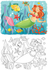 The little mermaid. Fairy tale. Coloring page. Coloring book. Illustration for children. Cute and funny cartoon characters