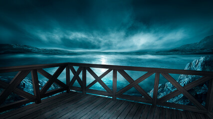 Night cold seascape, fantasy island and wooden pier by the sea. Cold frozen water, reflection of light in water. 3D illustration. 