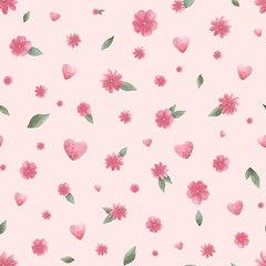 Easter seamless pattern. Watercolor pattern with pink flowers end hearts.