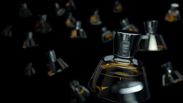 Perfume bottle on a dark black background. Many tubes of perfume are in the air. Glass flask, promo mockup, banner design. Women perfumery and cosmetic product. 3d animation of 4K