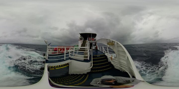 Passenger ferry at sea in stormy weather. Virtual Reality 360. Ferry service Matnog to Allen, Philippines.