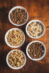 Various breakfast cereals. Morning granola in bowl.