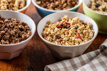 Various breakfast cereals. Morning granola in bowl.