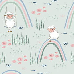 Seamless pattern with cute sheep, rainbow.