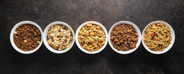 Various breakfast cereals. Morning granola in bowl.