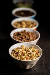 Various breakfast cereals. Morning granola in bowl.