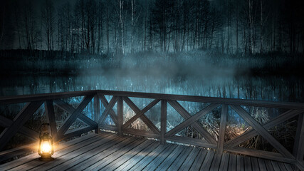 Night cold landscape with a river, a wooden pier on the river, wooden balcony, dark forest, fishing. River bank, grass. Night moonlight reflected in the water. 3D illustration. 