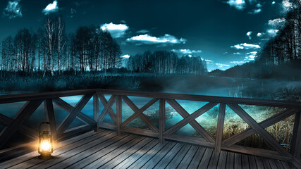 Night cold landscape with a river, a wooden pier on the river, wooden balcony, dark forest, fishing. River bank, grass. Night moonlight reflected in the water. 3D illustration. 