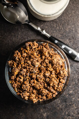 Chocolate breakfast cereal. Morning granola.