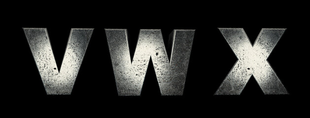 Obraz premium Destroyed white alphabet. Letters V, W, X. Fragmented white font 3d render. Suspense, terror concept. Background black, remove in one click.