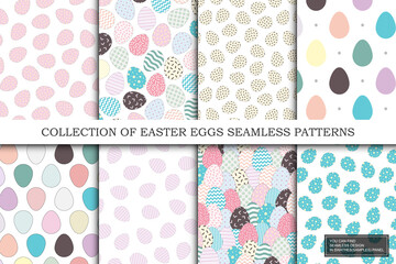 Collection of Easter seamless patterns. Holiday repeatable backgrounds with eggs - delicate design. Vector illustrations