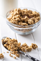 Breakfast cereal. Morning granola on white table.