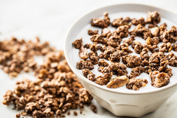 Chocolate breakfast cereal. Morning granola with milk in bowl.