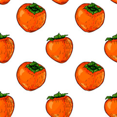 Colorful seamless pattern with hand drawn persimmon fruits. Vector illustration in colored sketch style.