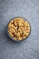 Breakfast cereal. Morning granola in bowl.