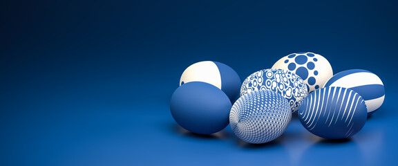 Easter Eggs with different textures in classic blue on a seamless blue background. Web banner format